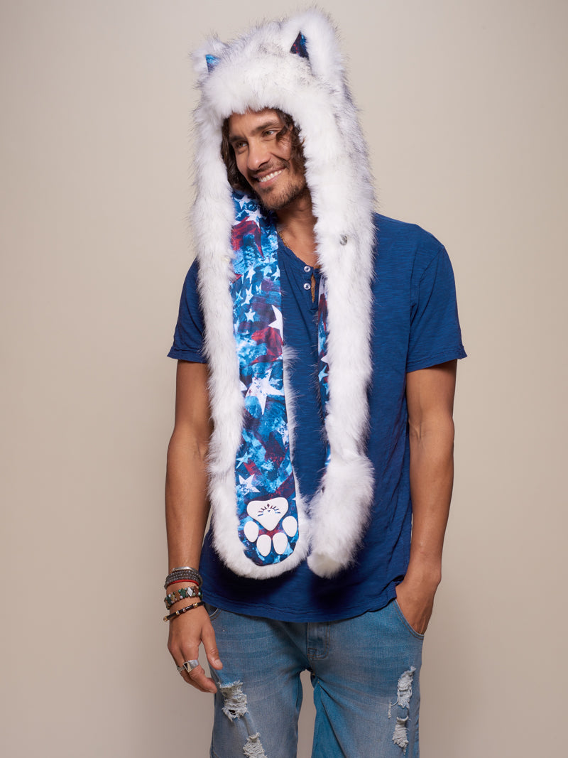 Man wearing faux fur Husky America Collector Edition SpiritHood, side view
