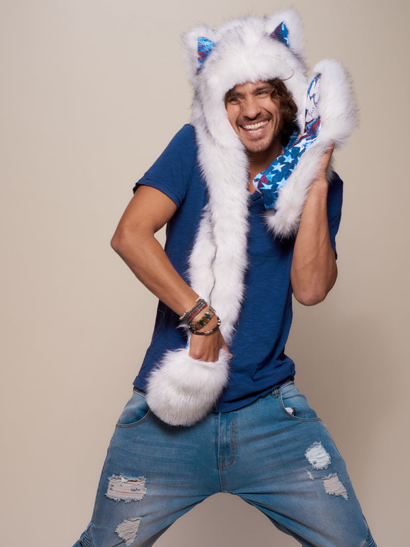 Man wearing faux fur Husky America Collector Edition SpiritHood, front view 1