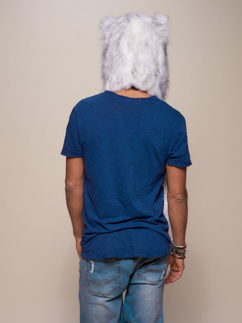 Man wearing faux fur Husky America Collector Edition SpiritHood, back view