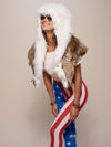 Woman wearing faux fur Bald Eagle Shawl SpiritHood, side view 1