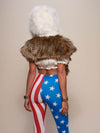Woman wearing faux fur Bald Eagle Shawl SpiritHood, back view