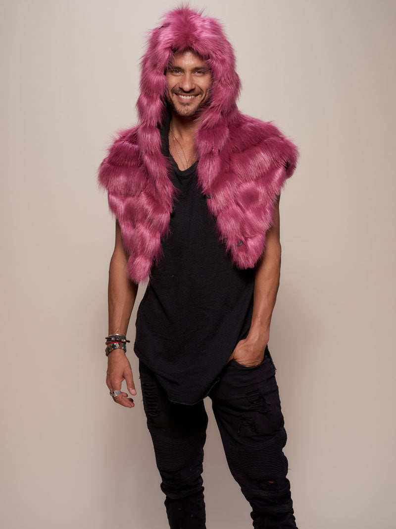 Man wearing Limited Edition Rose Finch Faux Fur Shawl, front view 1