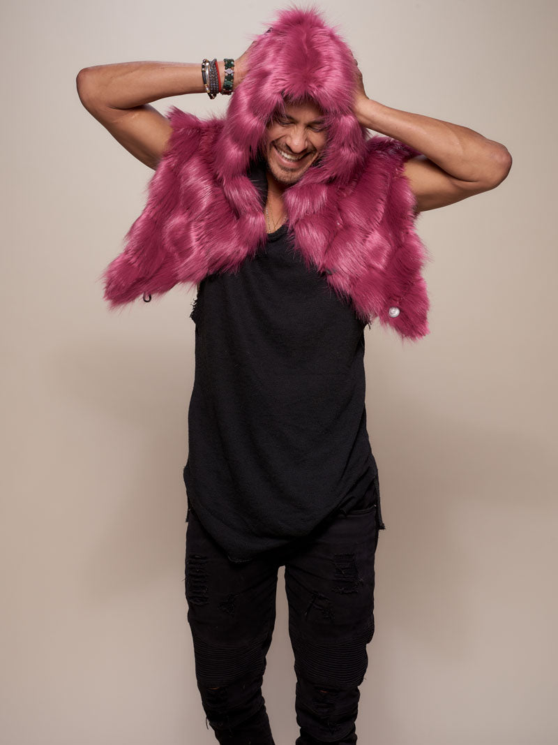 Man wearing Limited Edition Rose Finch Faux Fur Shawl, front view 2