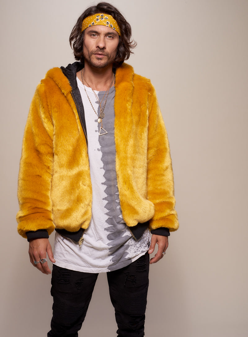 Man wearing faux fur Golden Wolf Luxe Classic Bomber Jacket, front view 1