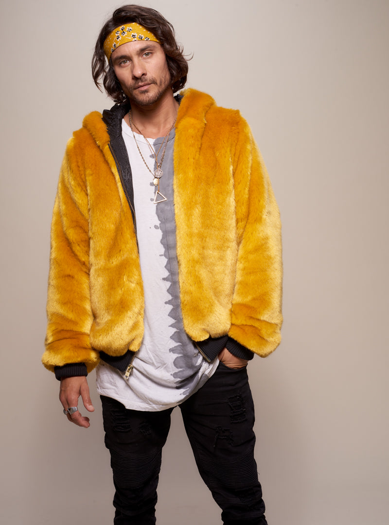 Man wearing faux fur Golden Wolf Luxe Classic Bomber Jacket, front view 3