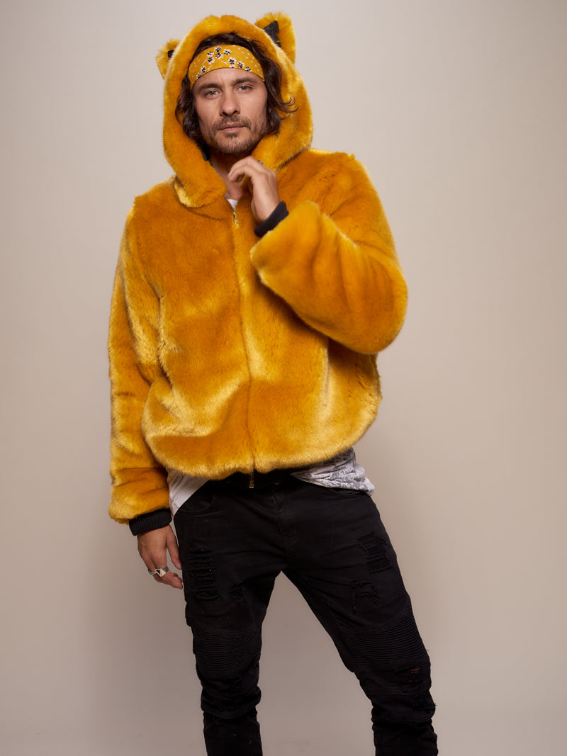 Man wearing faux fur Golden Wolf Luxe Classic Bomber Jacket, front view 2