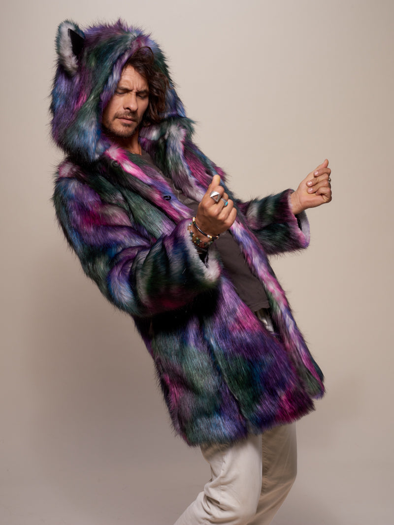 Man wearing Classic Disco Wolf Faux Fur Coat, side view 1