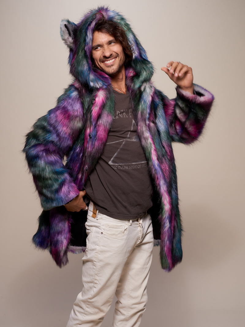 Man wearing Classic Disco Wolf Faux Fur Coat, side view 4