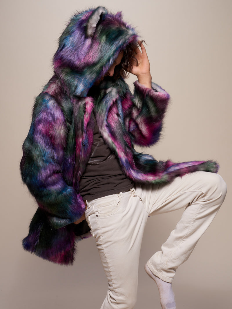 Man wearing Classic Disco Wolf Faux Fur Coat, side view 2
