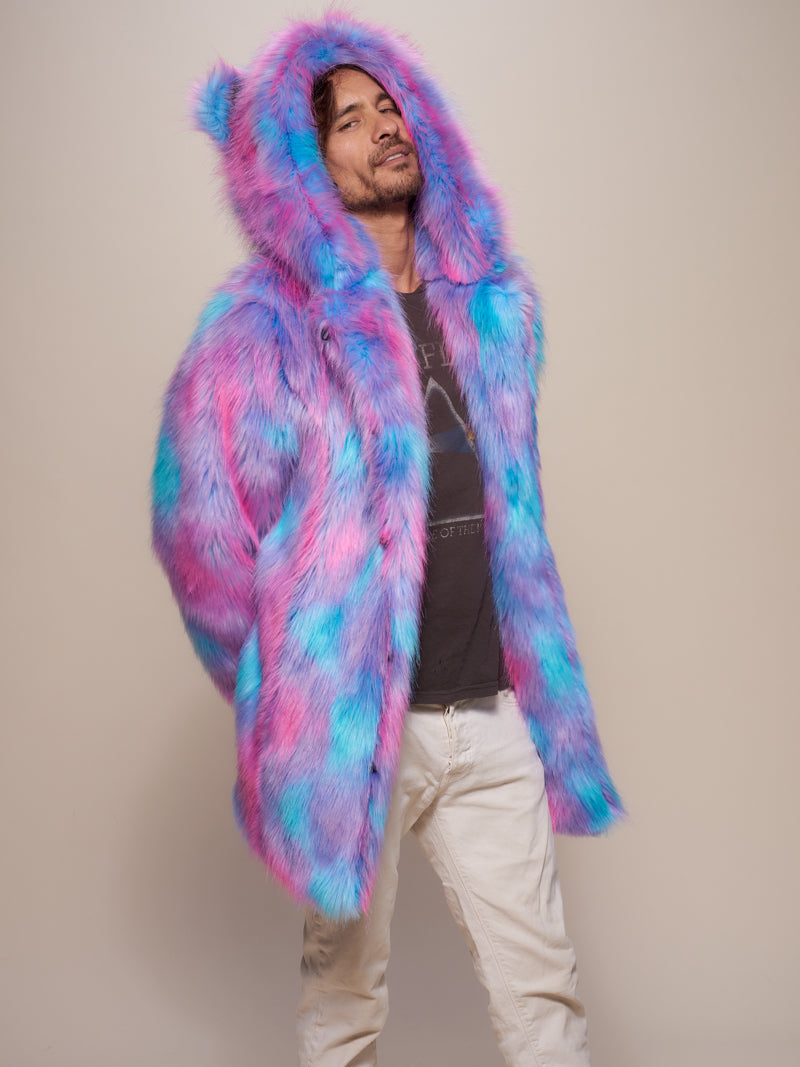 Man wearing Classic Cotton Candy Bear Faux Fur Coat, side view 1