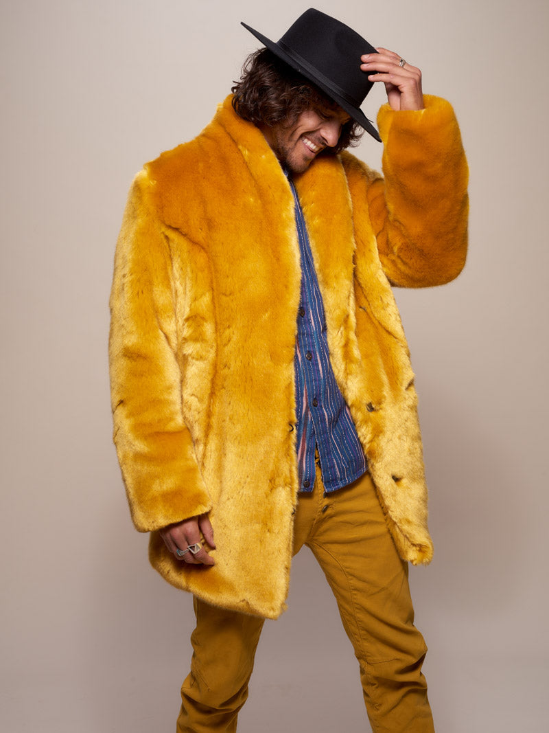 Man wearing Golden Wolf Luxe Collared  Faux Fur Coat, side view 3