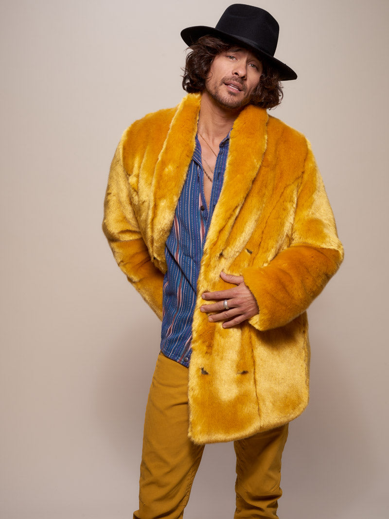 Man wearing Golden Wolf Luxe Collared  Faux Fur Coat, front view