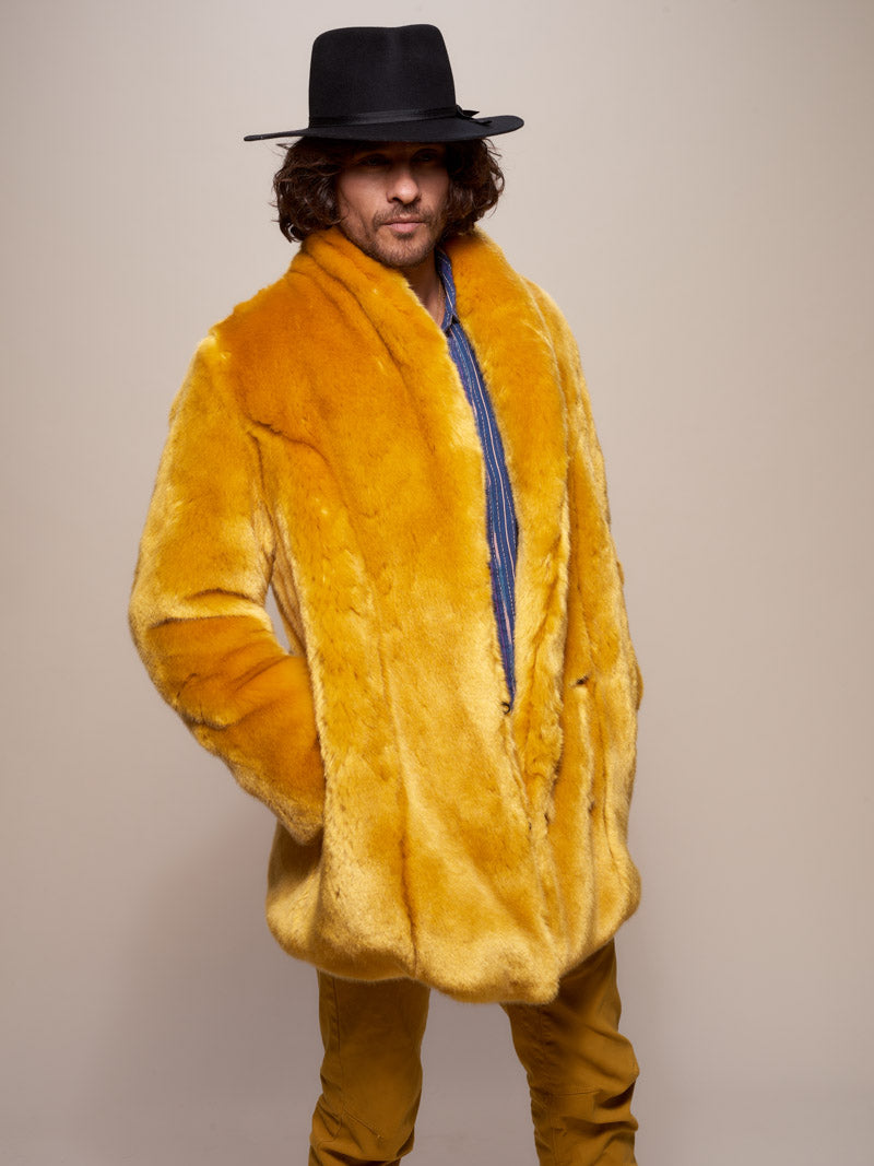 Man wearing Golden Wolf Luxe Collared  Faux Fur Coat, side view 2