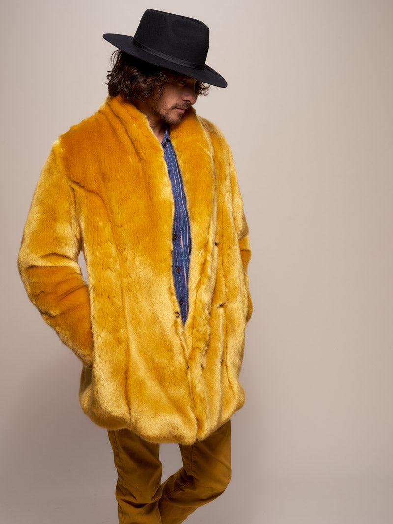 Man wearing Golden Wolf Luxe Collared  Faux Fur Coat, side view 1