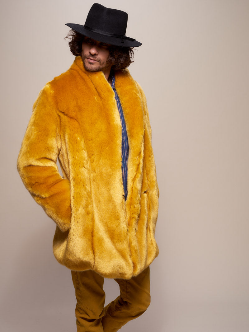 Man wearing Golden Wolf Luxe Collared  Faux Fur Coat, side view 4