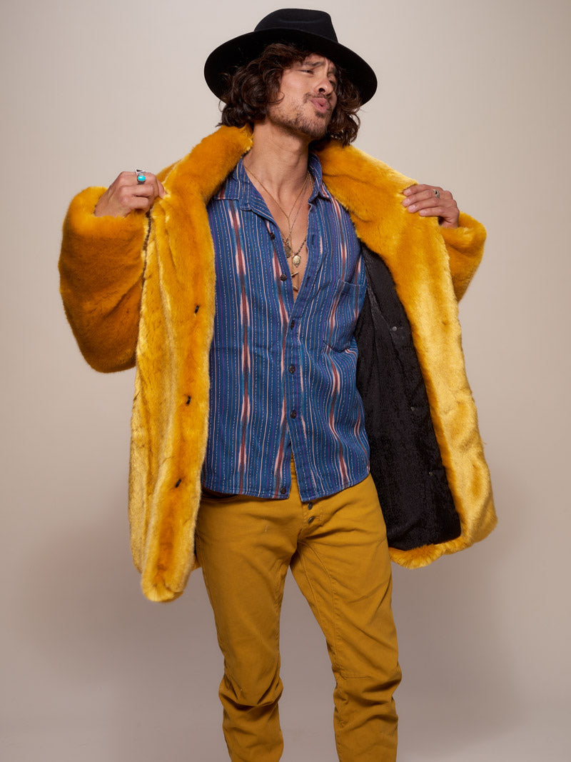 Man wearing Golden Wolf Luxe Collared  Faux Fur Coat, side view