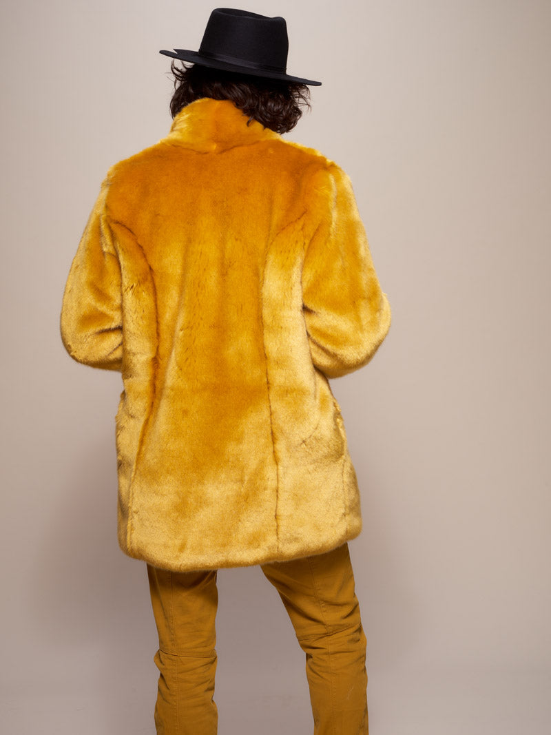 Man wearing Golden Wolf Luxe Collared  Faux Fur Coat, back view