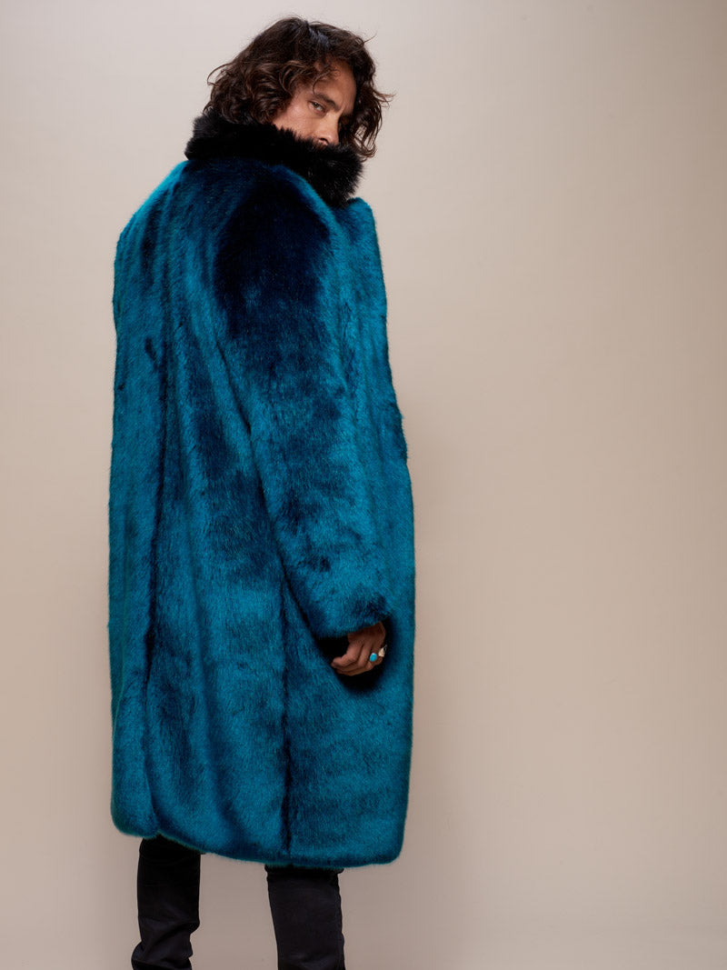 Man wearing Royal Wolf Luxe Calf Length Faux Fur Coat, back view