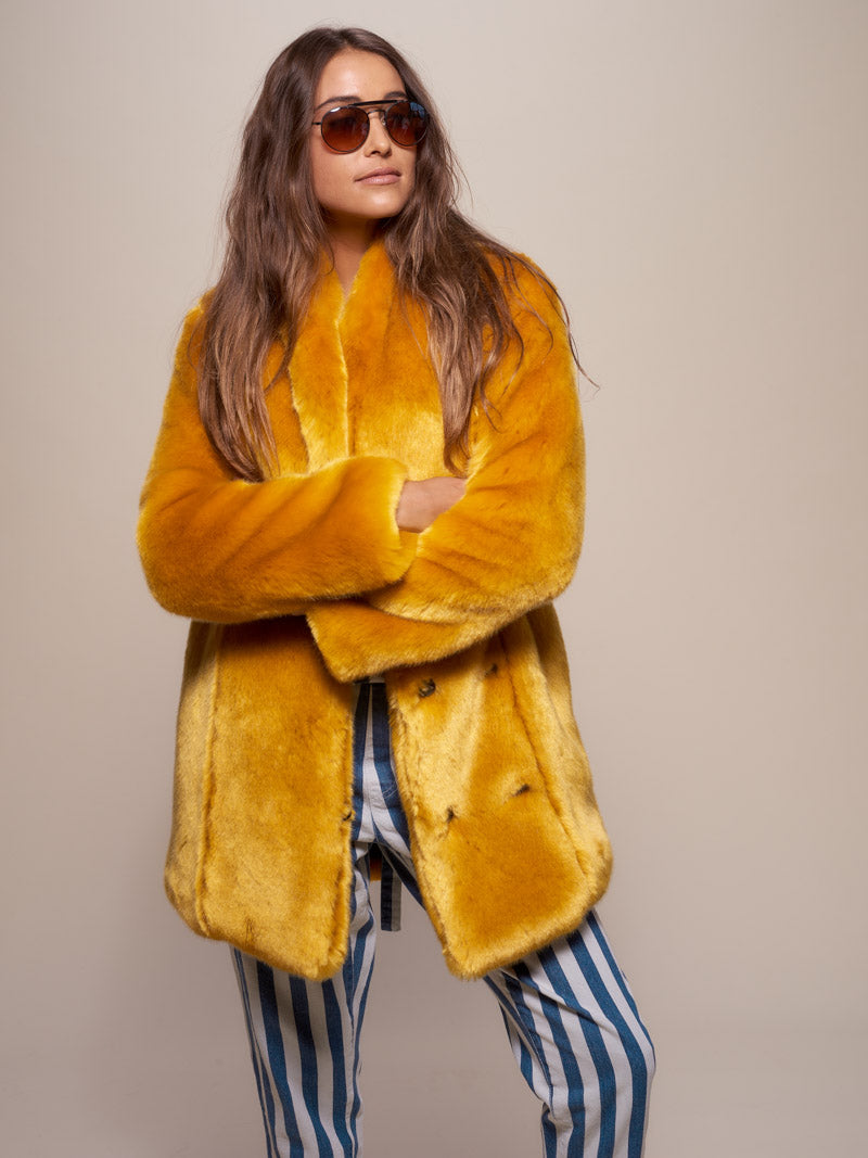 Collared Luxe Faux Fur Coat with Golden Wolf Design