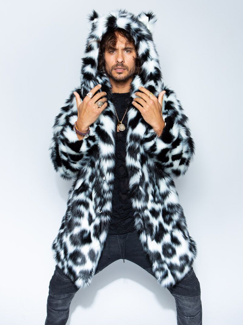 Black and White Classic Spotted Leopard Faux Fur Coat on Male