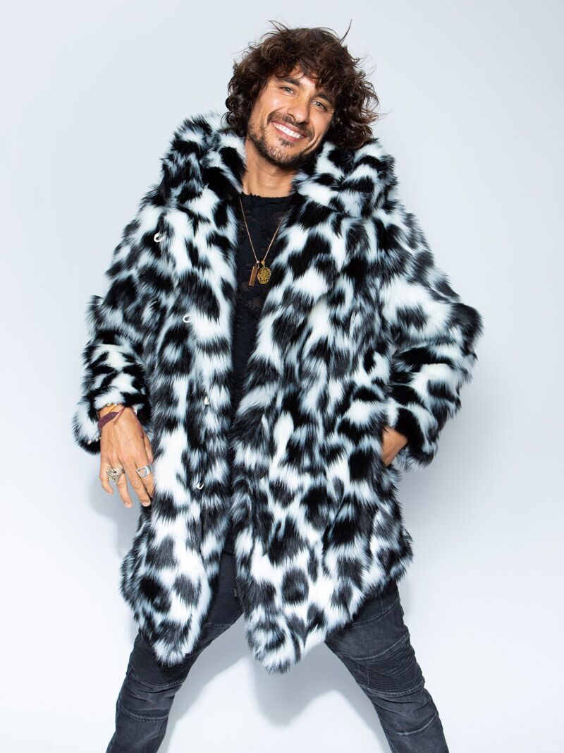 Classic Spotted Leopard Faux Fur Coat with Hood on Male
