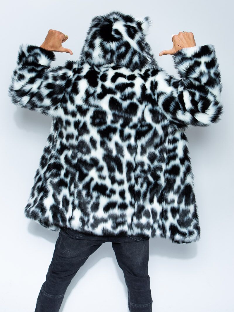 Back View of Male Wearing Classic Spotted Leopard Faux Fur Coat