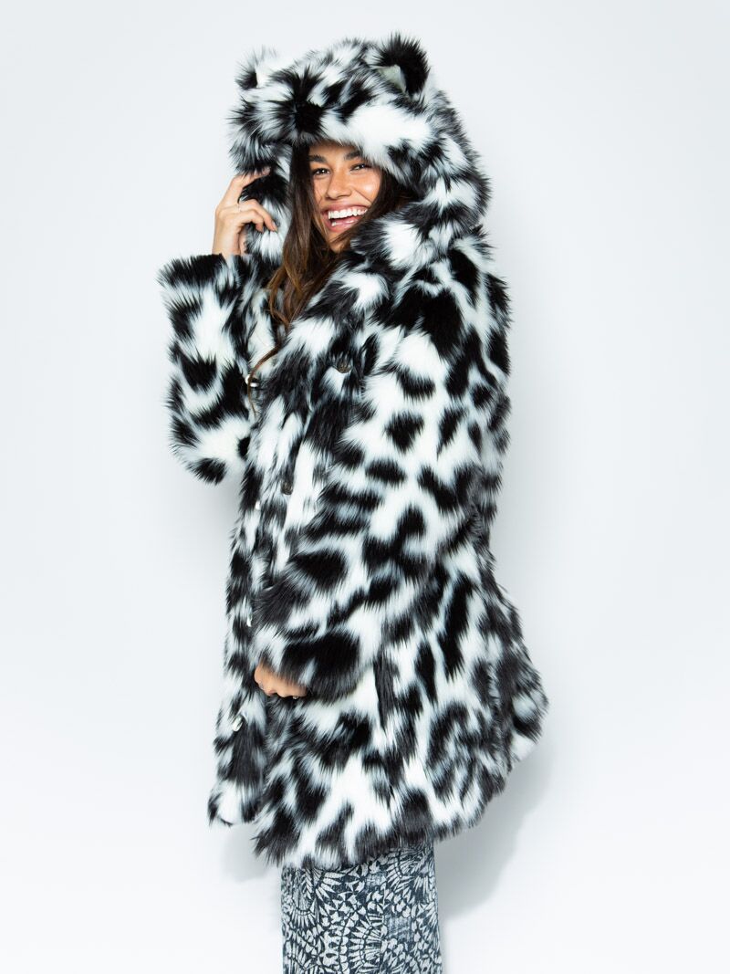 Black and White Classic Spotted Leopard Faux Fur Coat on Female