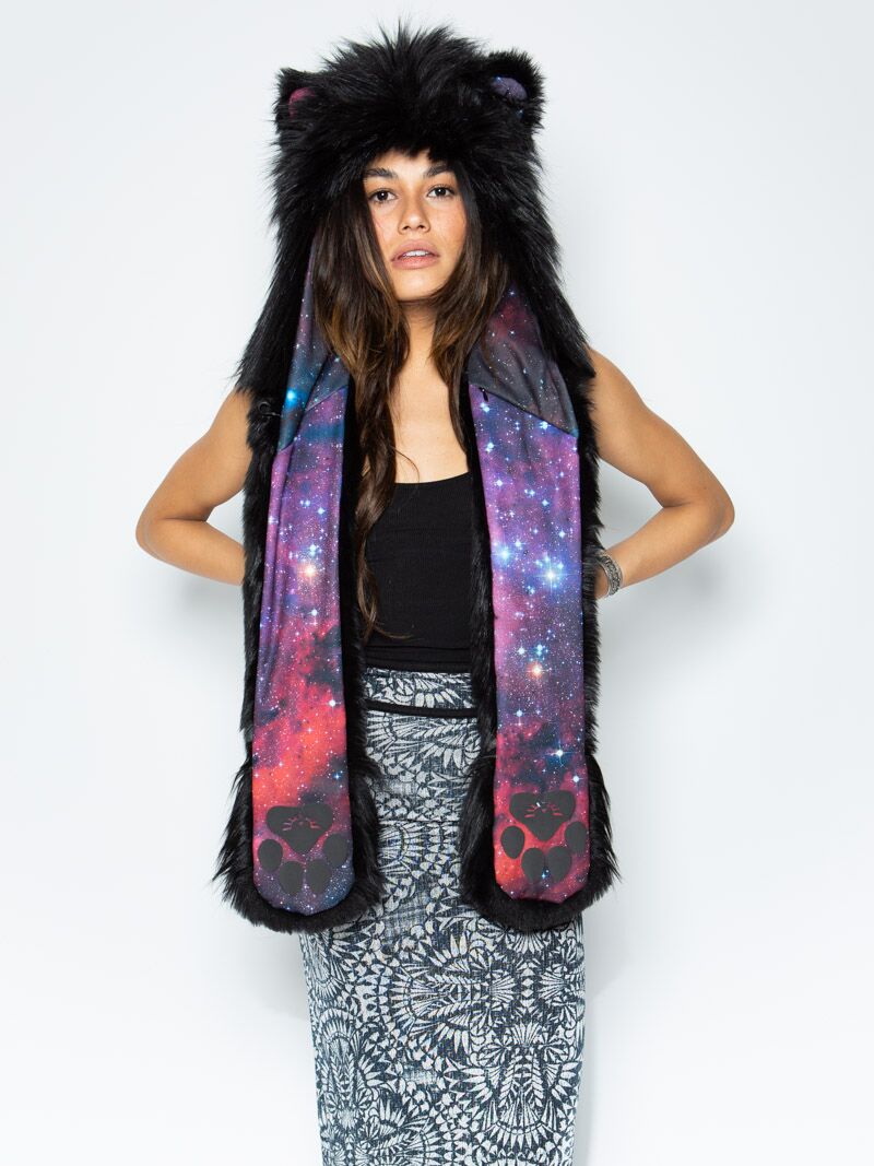 Woman wearing Faux Fur Limited Edition Lion Galaxy SpiritHood