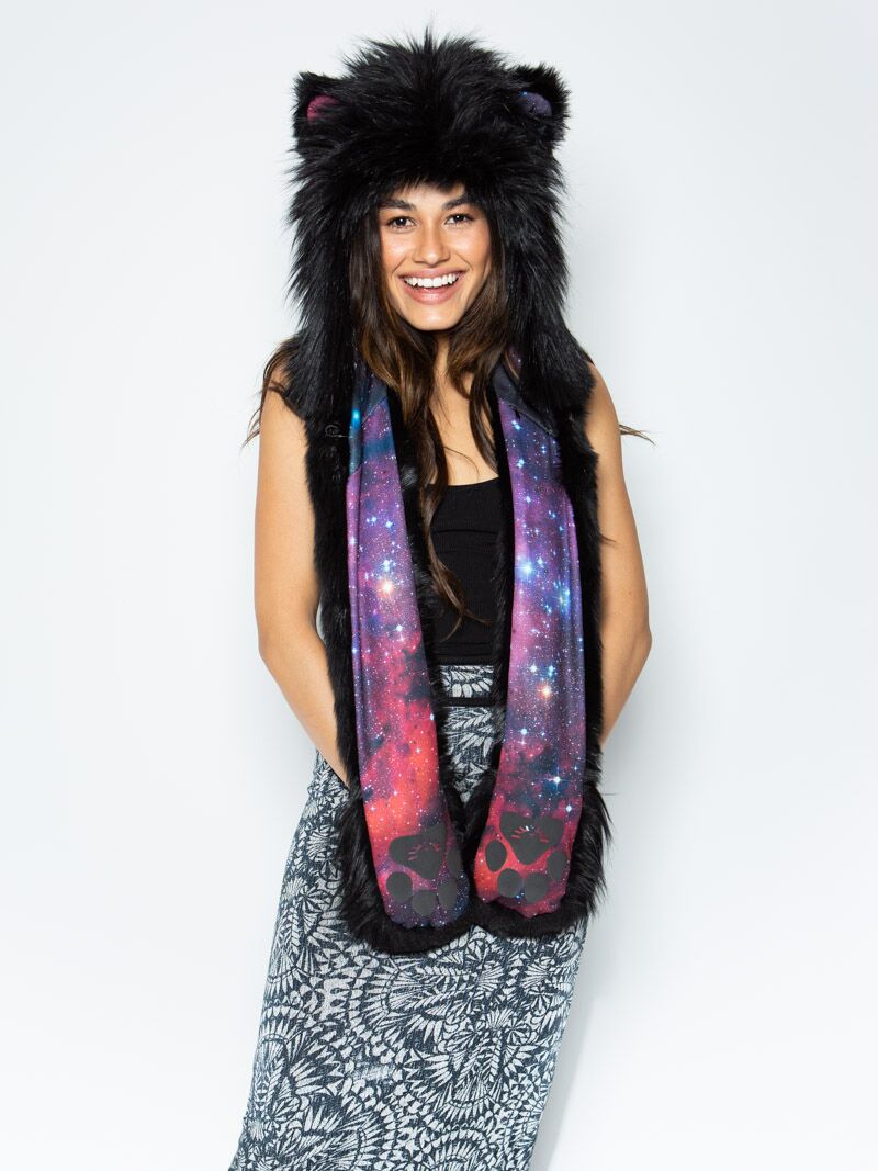 Woman wearing Faux Fur Limited Edition Lion Galaxy SpiritHood, front view 1