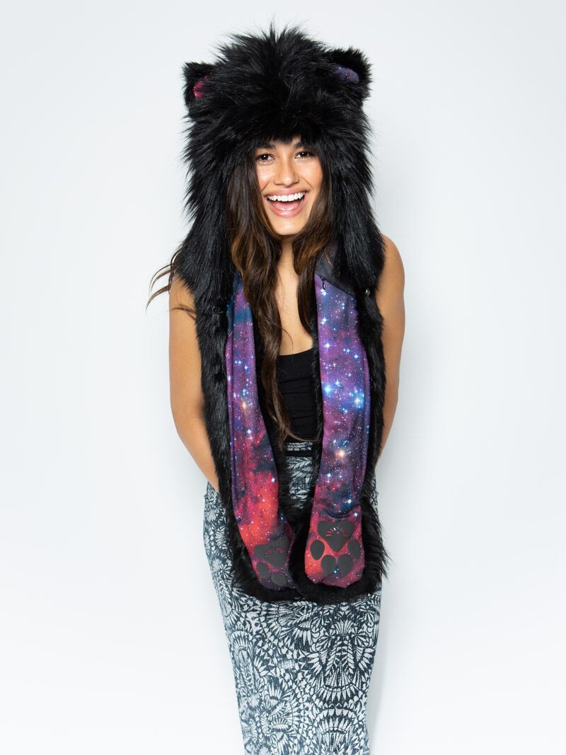 Woman wearing Faux Fur Limited Edition Lion Galaxy SpiritHood, front view