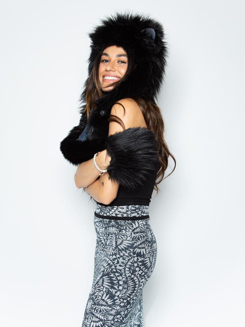 Woman wearing Faux Fur Limited Edition Lion Galaxy SpiritHood, side view