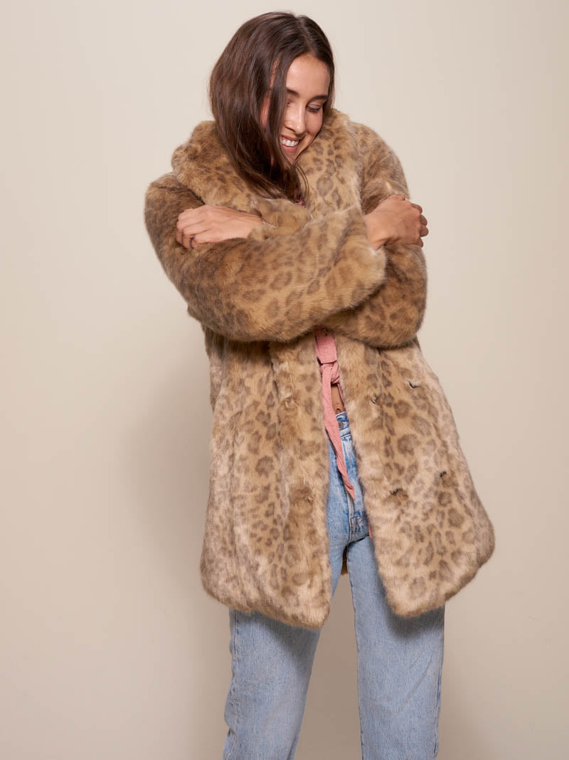 African Golden Cat Luxe Collared Faux Fur Coat on Female