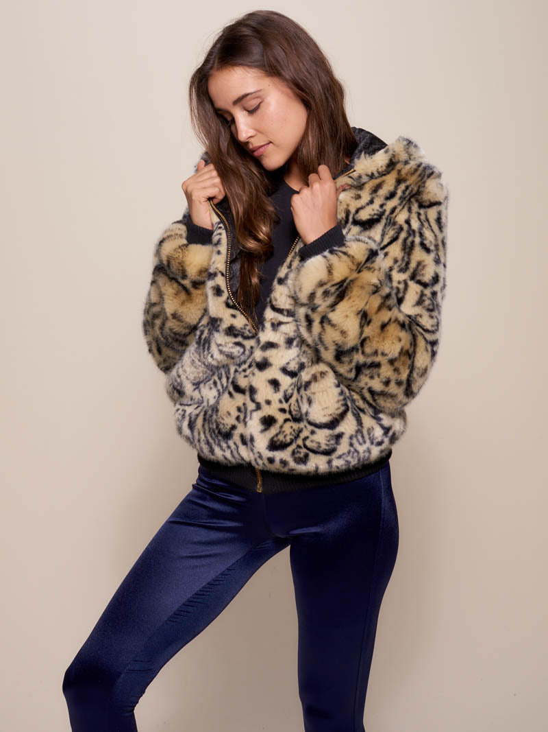 Woman wearing Ocelot Luxe Classic Faux Fur Bomber Jacket, front view 3