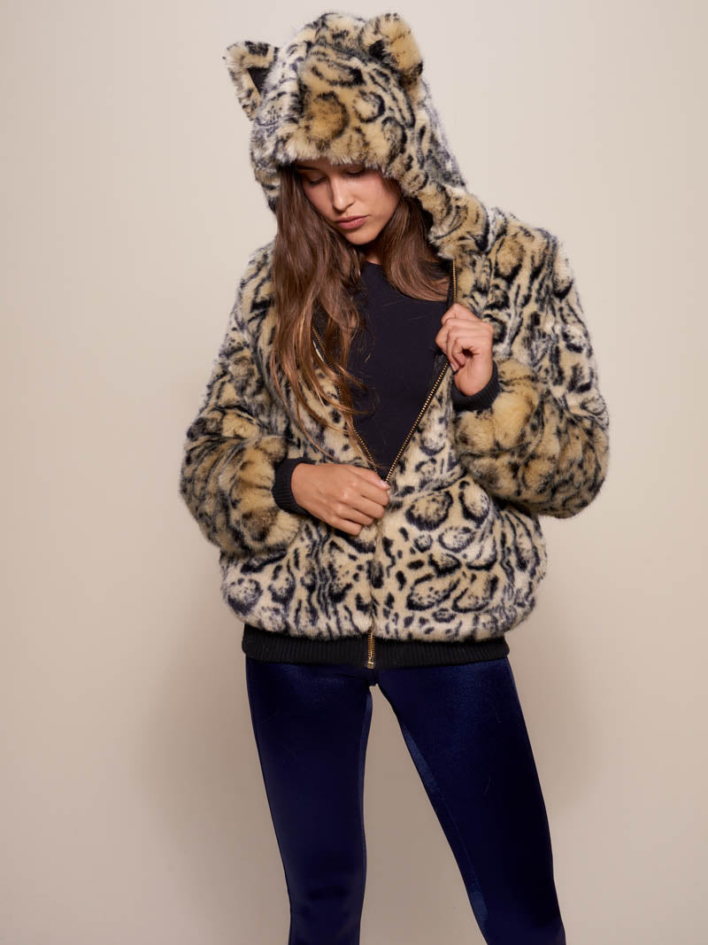 Woman wearing Ocelot Luxe Classic Faux Fur Bomber Jacket, front view 2