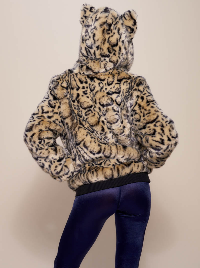 Woman wearing Ocelot Luxe Classic Faux Fur Bomber Jacket, back view
