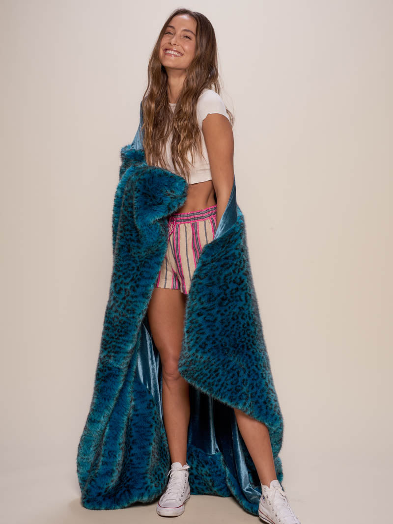 Female with Luxe Faux Fur Throw in Ice Leopard Design