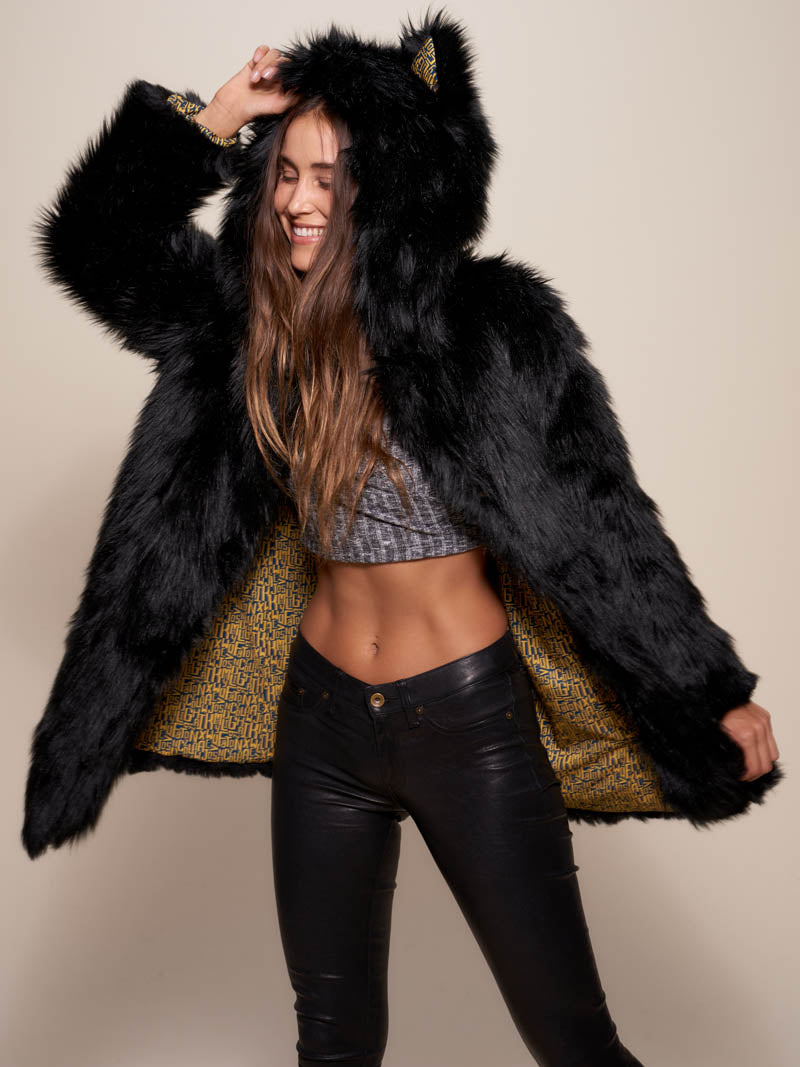 Woman wearing Collector Edition Black Wolf Faux Fur Coat, front view 4