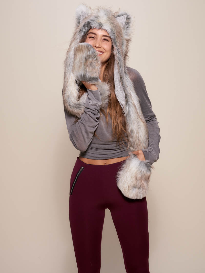 Woman wearing faux fur Collector Edition Timber Wolf SpiritHood, front view