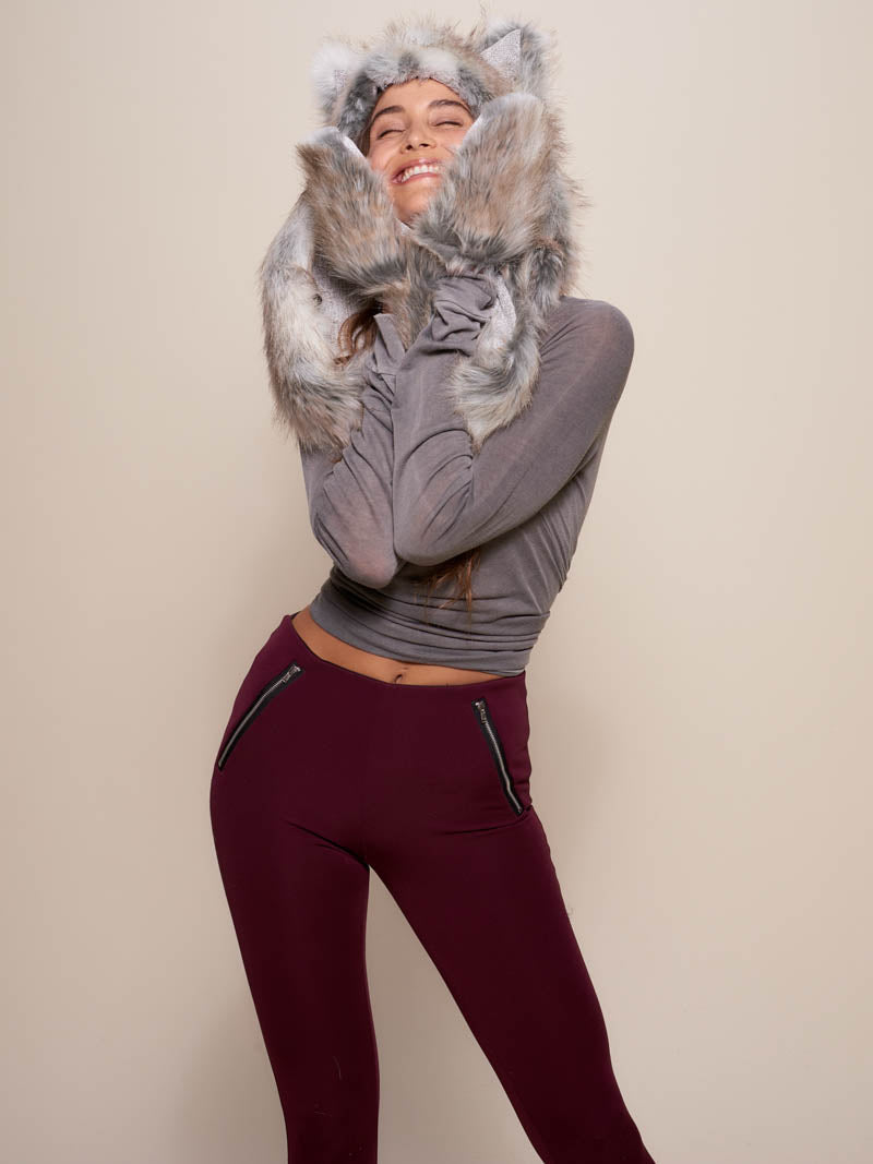 Woman wearing faux fur Collector Edition Timber Wolf SpiritHood, front view 3