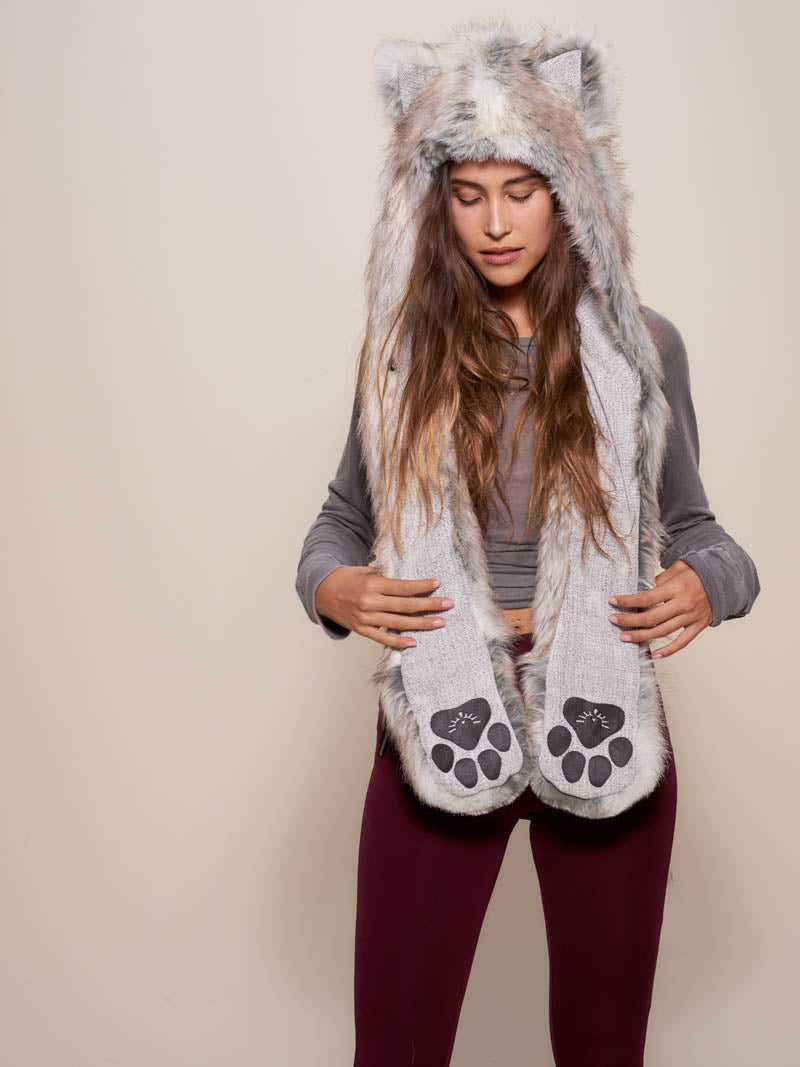 Woman wearing faux fur Collector Edition Timber Wolf SpiritHood, front view 1