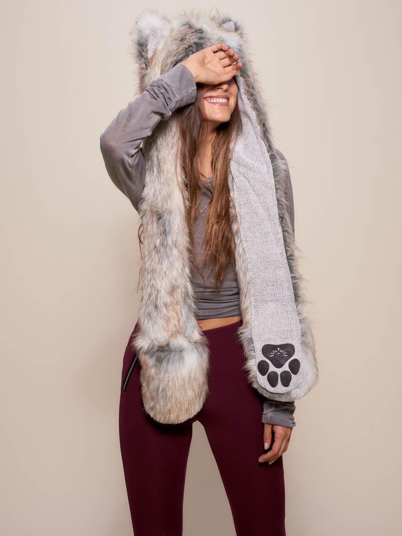 Woman wearing faux fur Collector Edition Timber Wolf SpiritHood