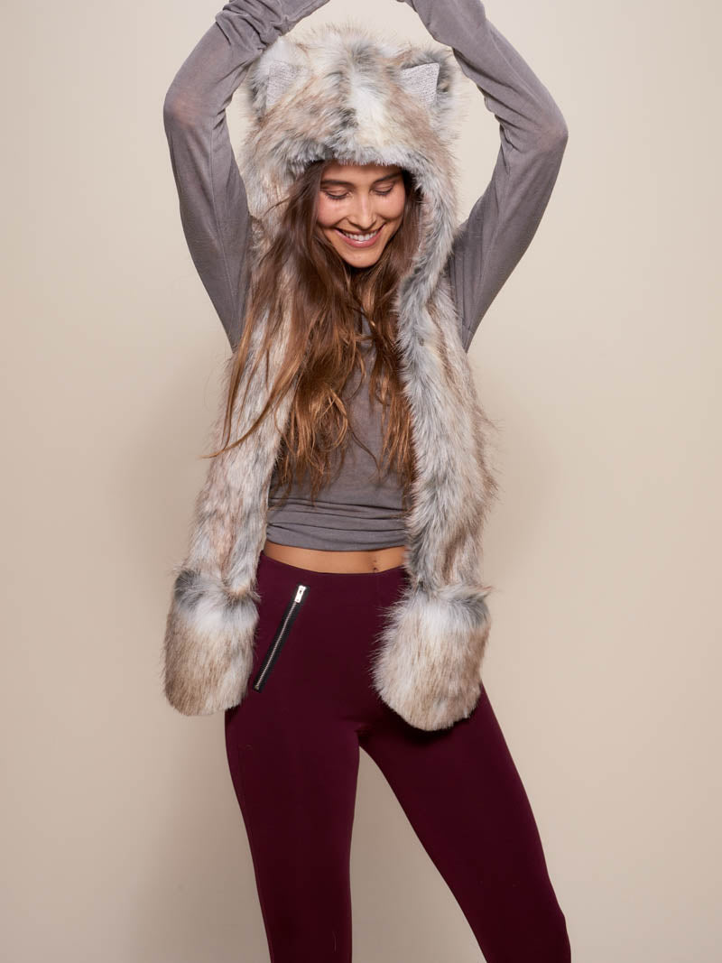 Woman wearing faux fur Collector Edition Timber Wolf SpiritHood, front view 2
