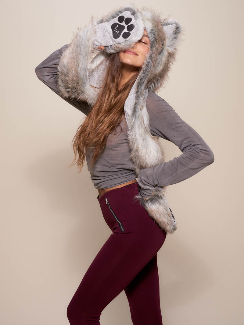 Woman wearing faux fur Collector Edition Timber Wolf SpiritHood, side view 1