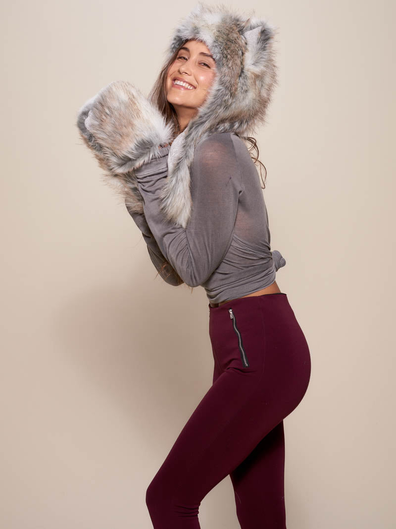 Woman wearing faux fur Collector Edition Timber Wolf SpiritHood, side view