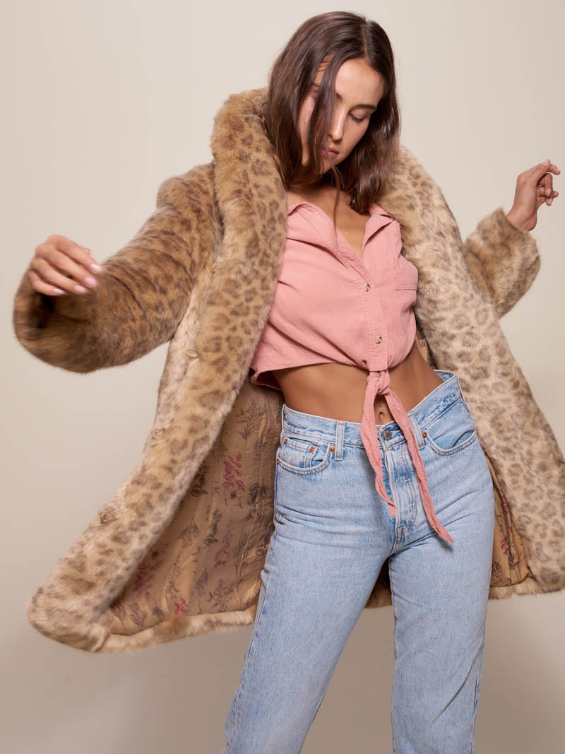 Collared Faux Fur Coat with African Golden Cat Design