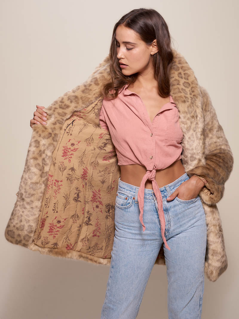 Female Wearing African Golden Cat Luxe Collared Faux Fur Coat 