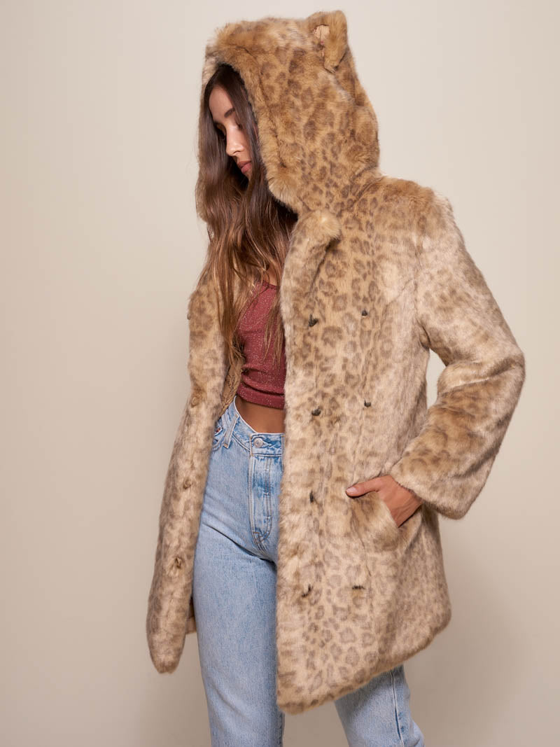Woman wearing African Golden Cat Luxe Classic Faux Fur Coat, side view 1