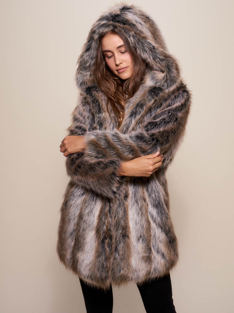 Woman wearing Grey Wolf Hooded Faux Fur Coat, front view