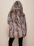 Woman wearing Grey Wolf Hooded Faux Fur Coat, back view