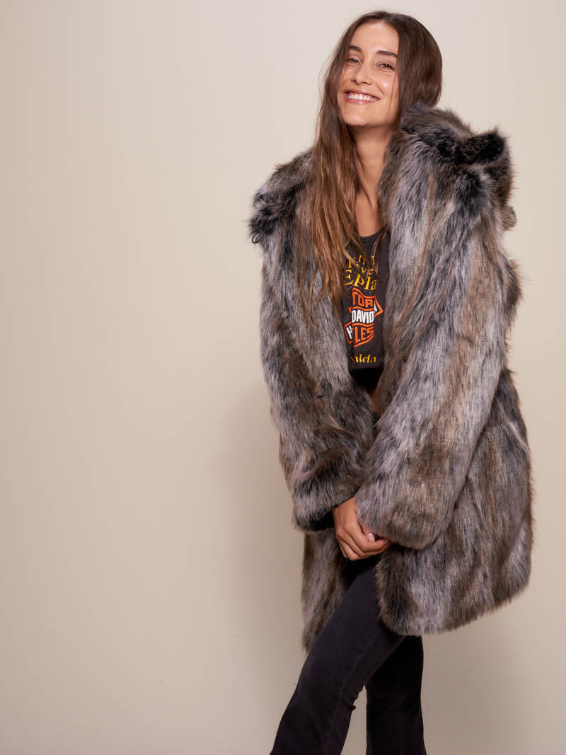 Woman wearing Classic Grey Wolf Galaxy Collector Faux Fur Coat, side view